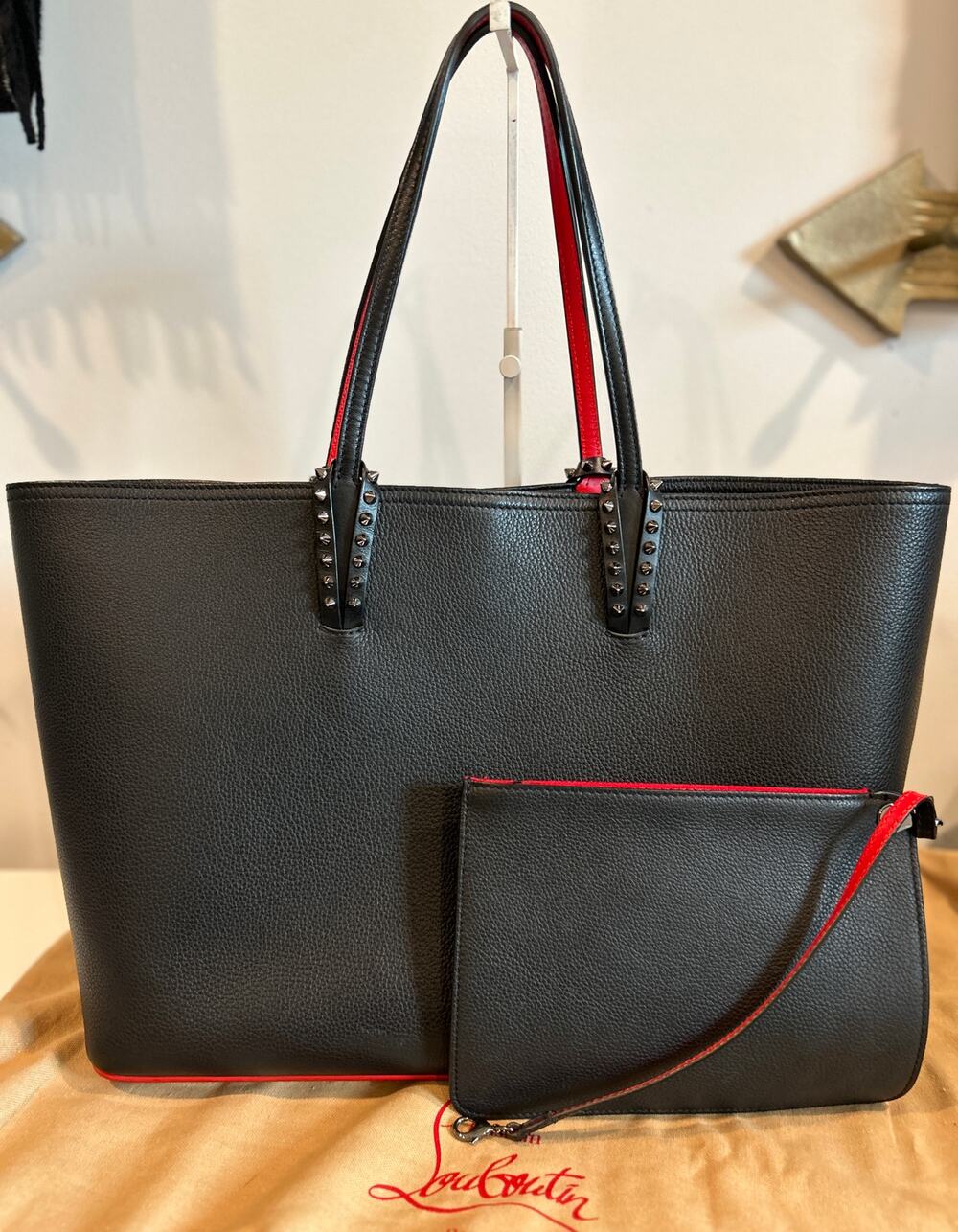 Christian Louboutin Spike Cabata GM  Tote in Black Leather w dust bag & pouch